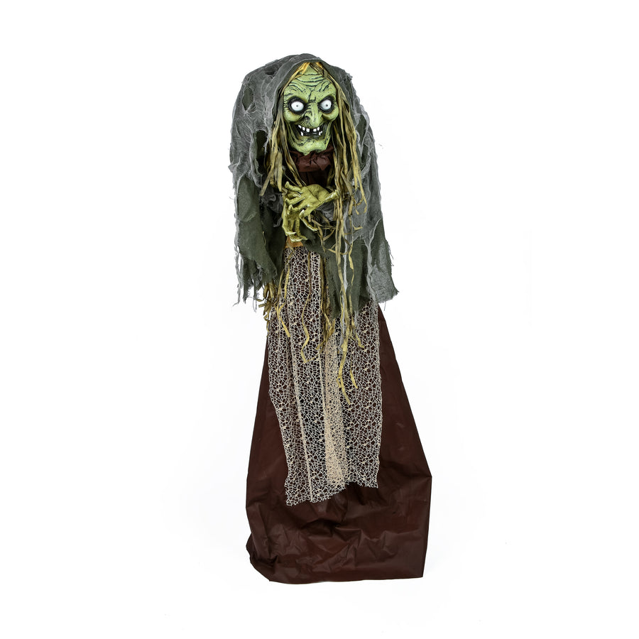 59 in. Halloween Pre-Lit Sound Activated Animated Scary Green Witch with LED Lights - National Tree Company