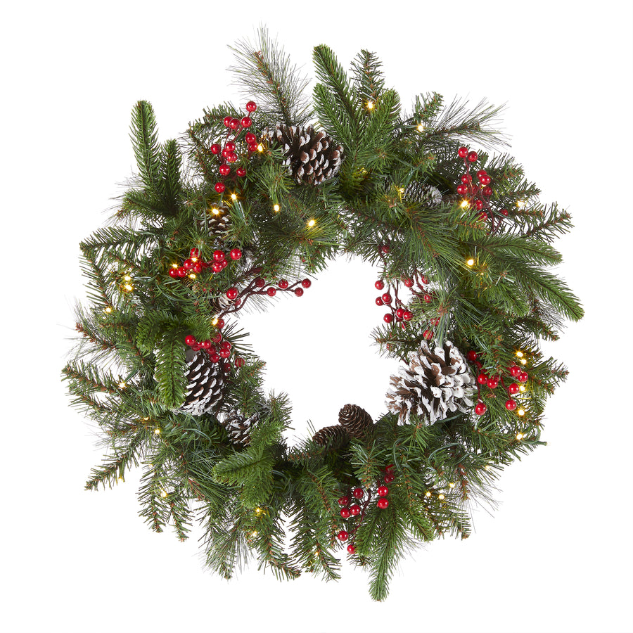 24 in. Pre-Lit Bristle Berry Wreath with LED Lights - National Tree Company