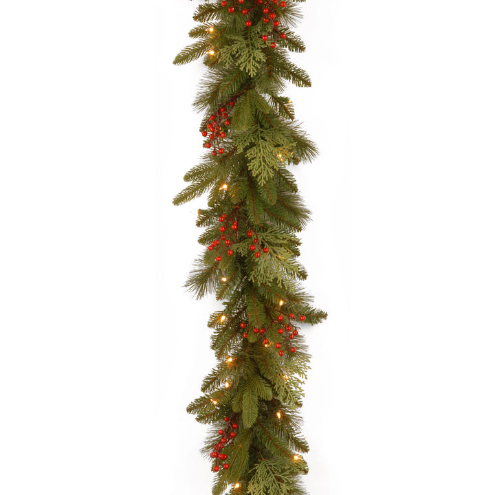 National Tree Company Pre-Lit 'Feel Real' Artificial Christmas Garland, Green, Classical, White Lights, Decorated With Berry Clusters, Plug In, Christmas Collection, 9 Feet