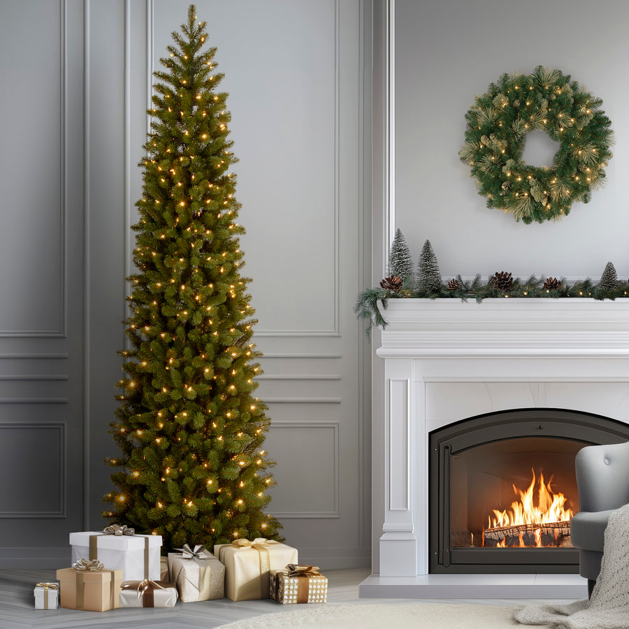 9 ft. Pre-Lit Downswept Douglas Fir Pencil Slim Tree with Dual Color LED Lights