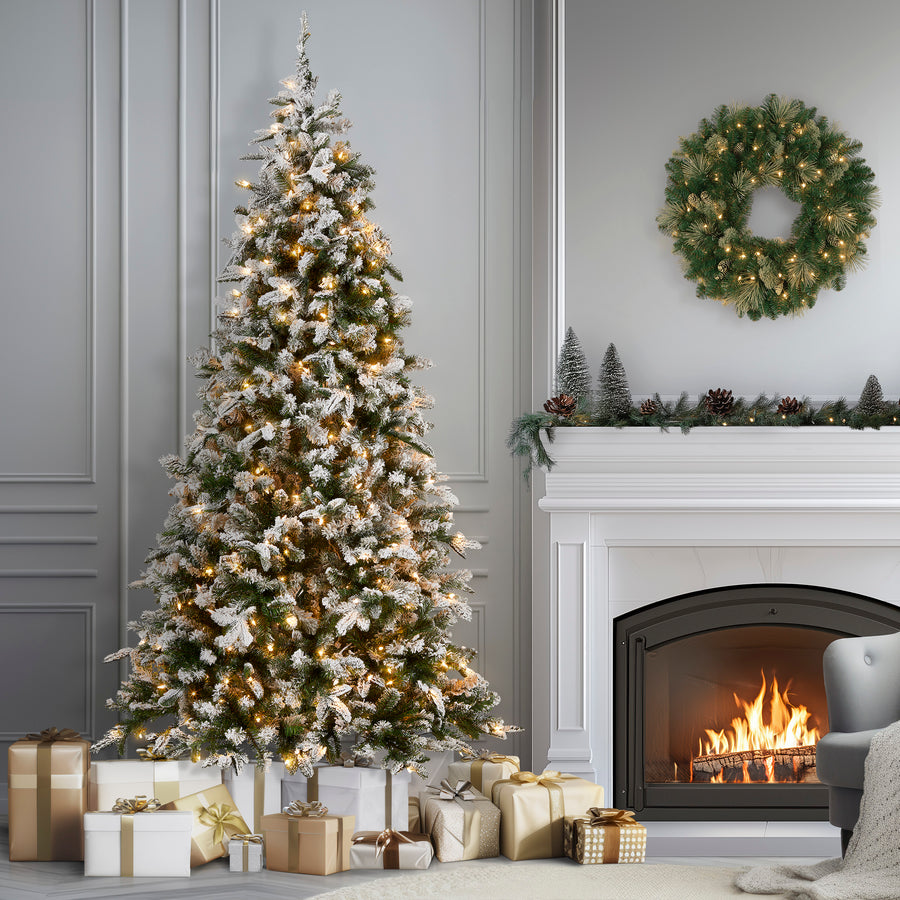 9 ft. Pre-Lit Snowy Everest Fir Medium Tree with Clear Lights