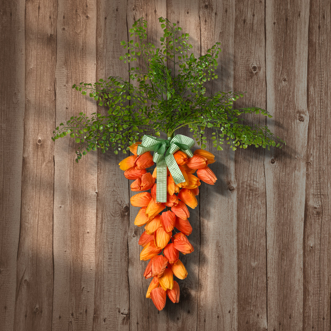 Artificial Floral Wall Hanging Decoration, Carrot Shaped, Orange and Yellow Blooms, Easter Collection, 31 Inches
