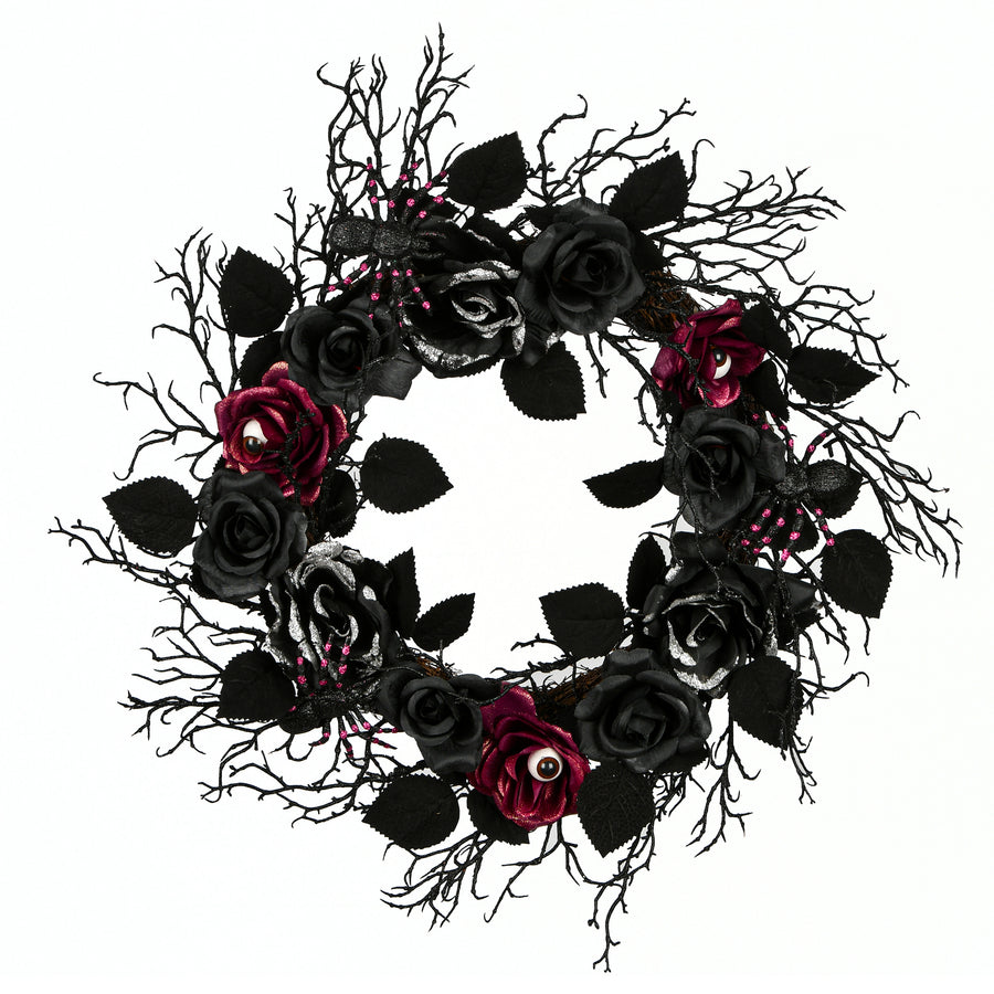 22 in. Halloween Spooky Wreath with Roses, Leaves, Thorny Branch Base - National Tree Company
