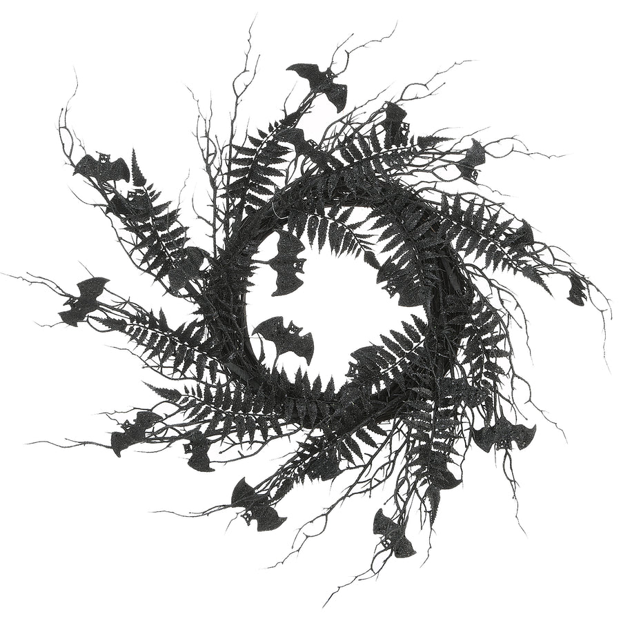 24 in. Halloween Spooky Wreath with Bats, Fern Leaves, Branches - National Tree Company