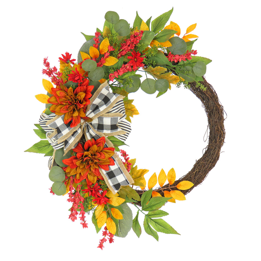 24 in. Fall Wreath with Twig, Dahlia, Eucalyptus and Bow - National Tree Company