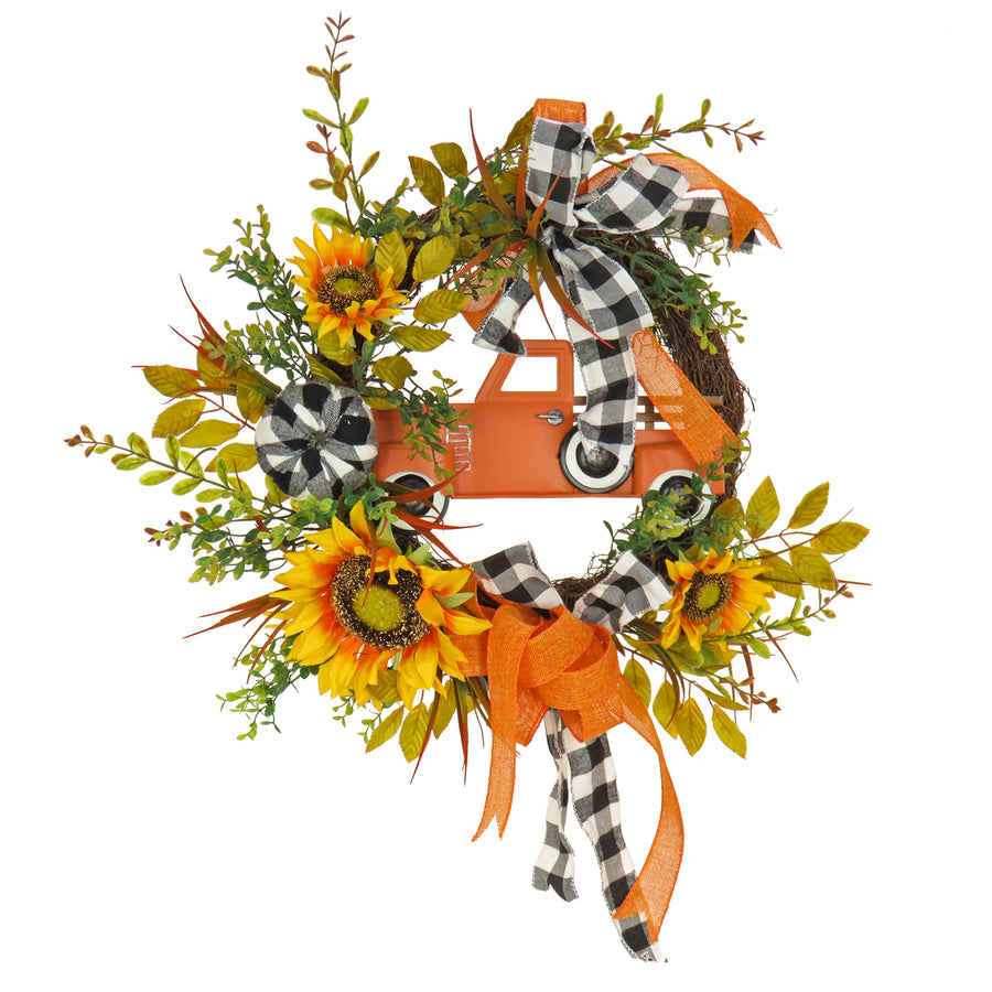 26 in. Fall Wreath with Sunflowers, Twig, Car and Bow - National Tree Company
