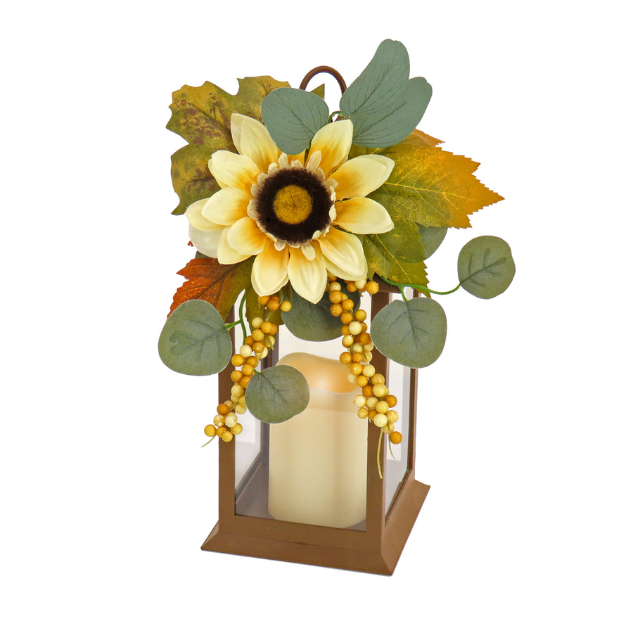 13 in. Fall Lantern with Sunflower, Maple Leaves, Eucalyptus, Berry - National Tree Company