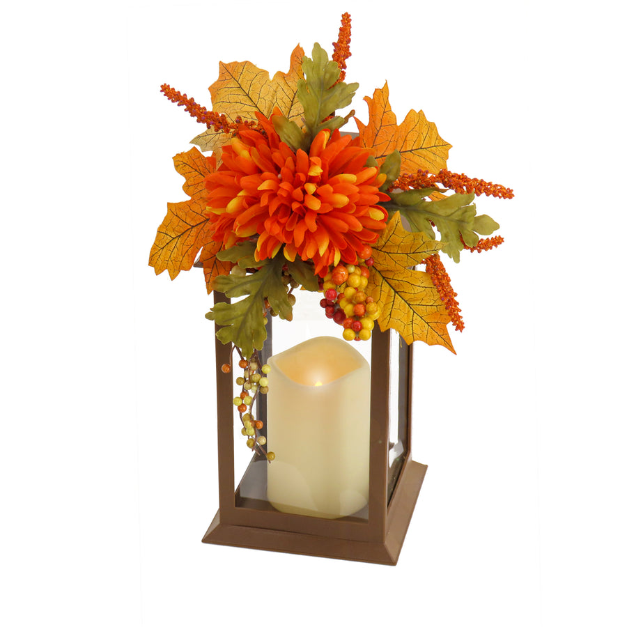 14 in. Fall Lantern with Mum Flower, Mixed Leaves, Berry - National Tree Company