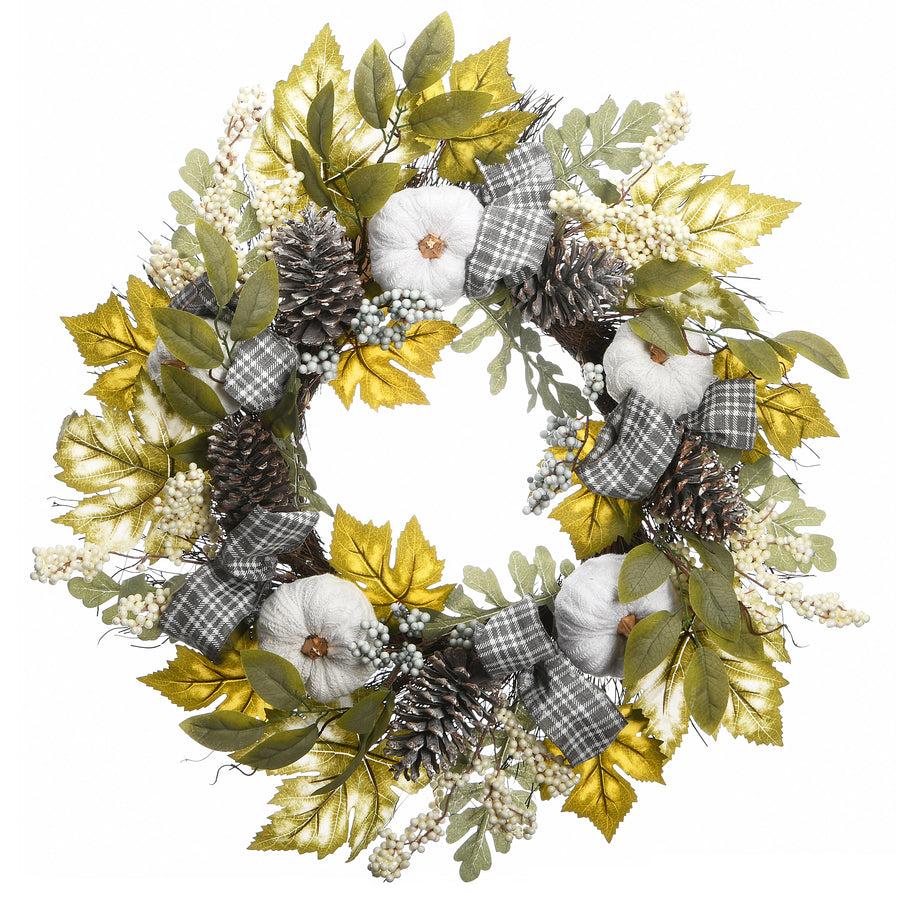 30 in. Fall Wreath with Pine Cones, Berry Clusters, Gourds, Fabric Bows - National Tree Company