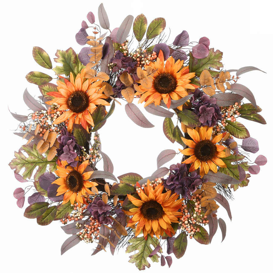 30 in. Fall Wreath with Sunflowers, Hydrangea Blooms, Assorted Leaves, Berry Clusters - National Tree Company