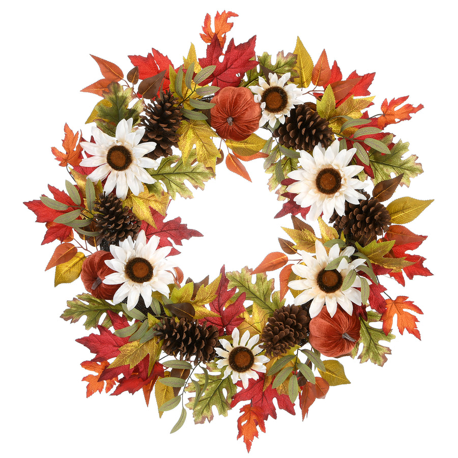 32 in. Fall Wreath with Pumpkin Gourds, Pine Cones, Maple Leaves, Sunflower Blooms - National Tree Company