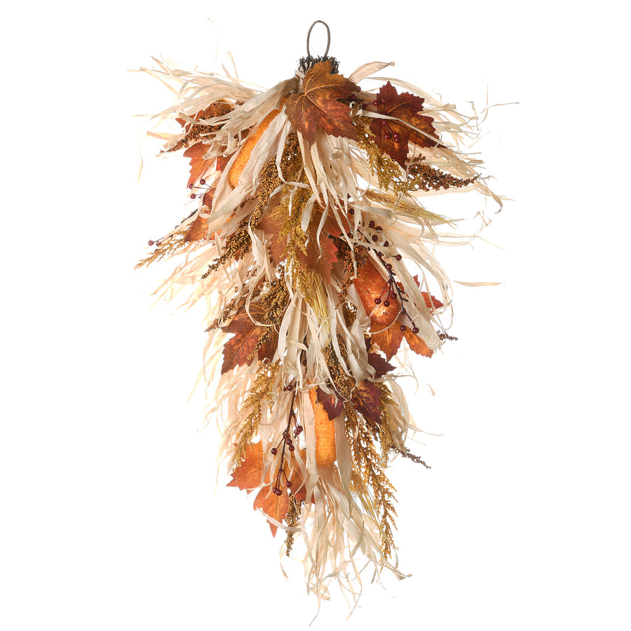 30 in. Fall Teardrop with Raffia Leaves, Corn Cobs, Berry Clusters - National Tree Company