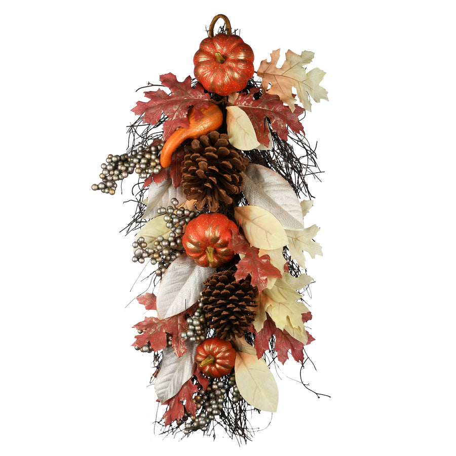 24 in. Fall Teardrop Wall Decoration with Pumpkins, Pine Cones, Berry Clusters, Maple Leaves - National Tree Company