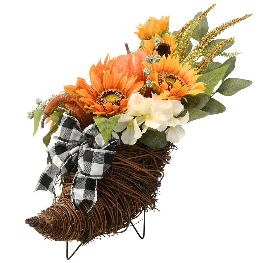 20 in. Wicker Cornucopia Basket Decoration with Pumpkins, Sunflower Blooms, Assorted Leaves - National Tree Company