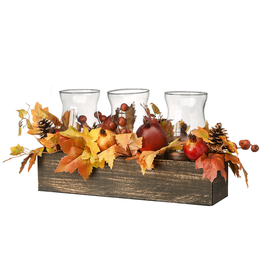 24 in. Fall Centerpiece, Decorated With Maple Leaves, Pomegranates, Pine Cones, Holds Three Candles - National Tree Company