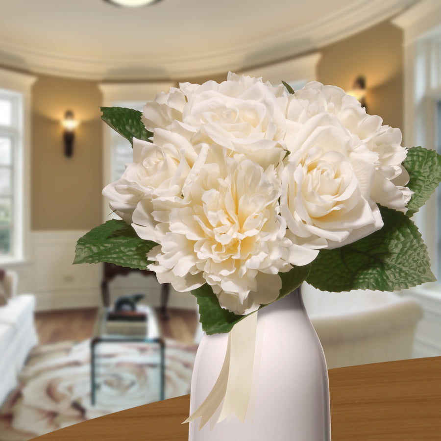 12 in. Spring Floral Bouquet with Cream Rose and Peony Blooms, Ribbon, Seed Pods, Leafy Greens