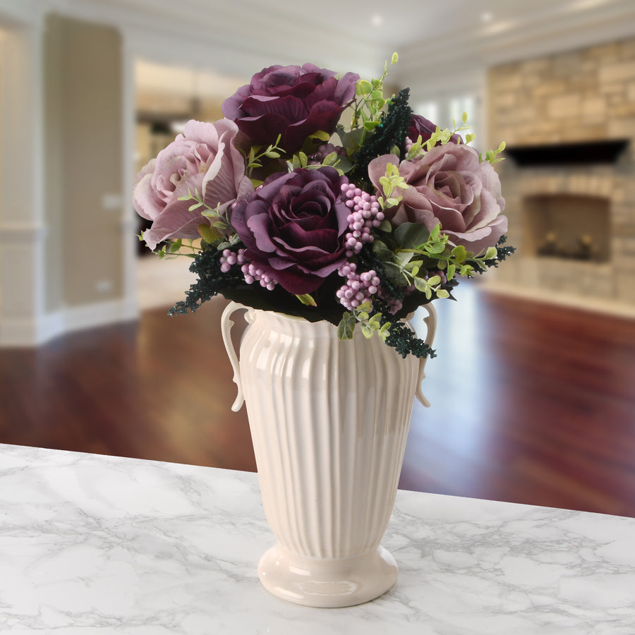19 in. Spring Floral Bouquet with Purple and Pink Rose Blooms, Berry Clusters, Seed Pods, Leafy Greens