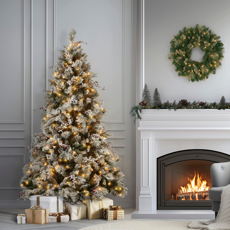 7.5 ft. Pre-Lit Snowy Bedford Pine Tree with Clear Lights
