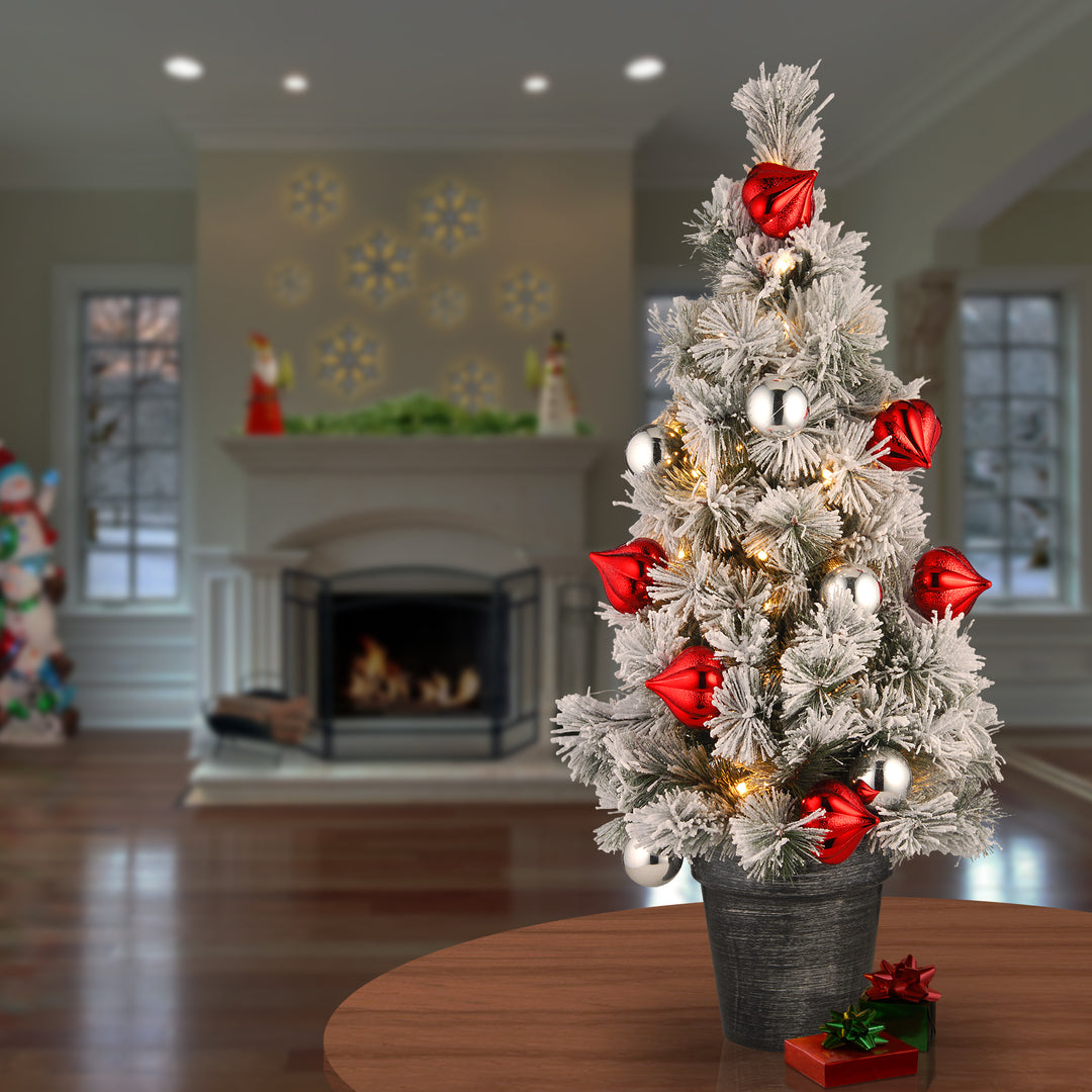 Pre-Lit Artificial Christmas Tree, Green, Snowy Bristle Pine, White LED Lights, Decorated with Pine Cones, Ball Ornaments, Includes Pot Base, Battery Operated, 3 Feet