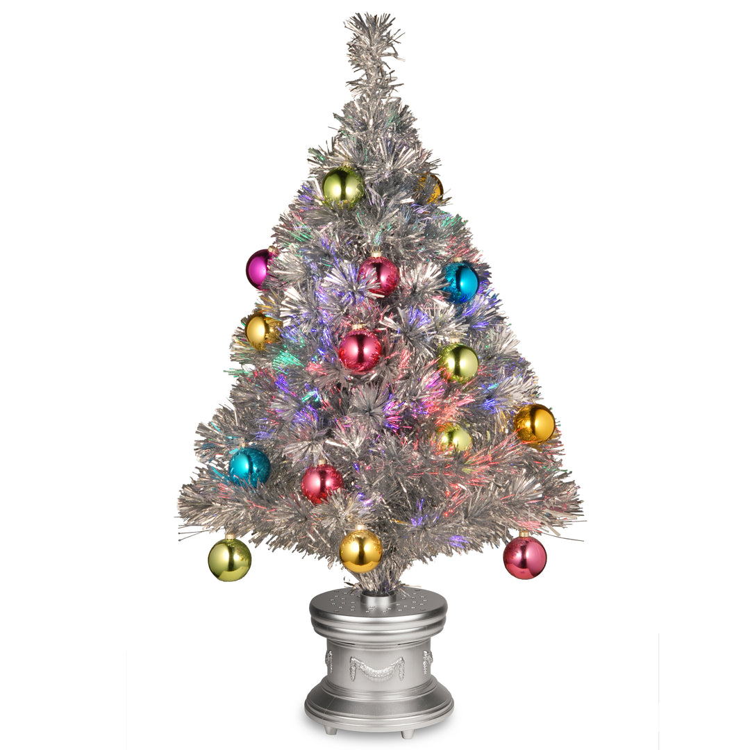 Artificial Christmas Tree, Green, Evergreen, Fiber Optic, Decorated with Star, Ball Ornaments, Includes Base, 32inch