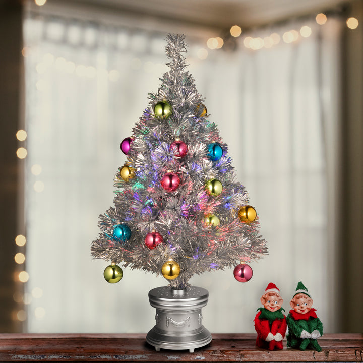 Artificial Christmas Tree, Green, Evergreen, Fiber Optic, Decorated with Star, Ball Ornaments, Includes Base, 32inch