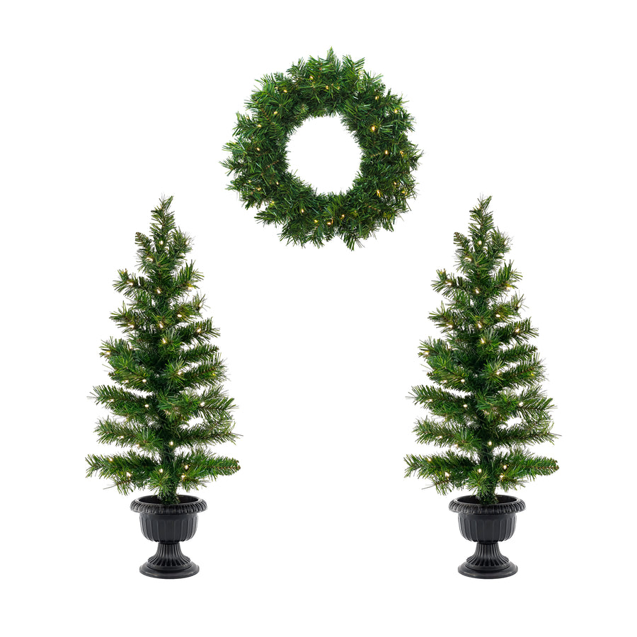 Pre-Lit Warm Welcome Assortment Set of 2 Entrance Trees, 1 Wreath - National Tree Company