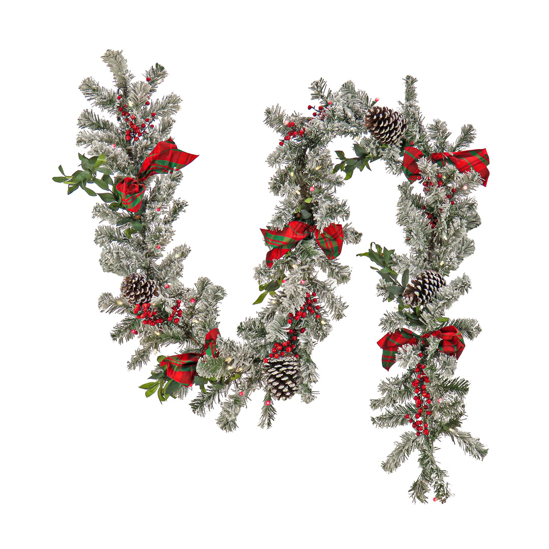 National Tree Company Pre Lit Artificial Garland, General Store, Green, Frosted, Decorated with Frosted Pine Cones, Berry Clusters, Plaid Bows, Warm White LED Lights, Battery Powered, Christmas Collection, 9 Feet