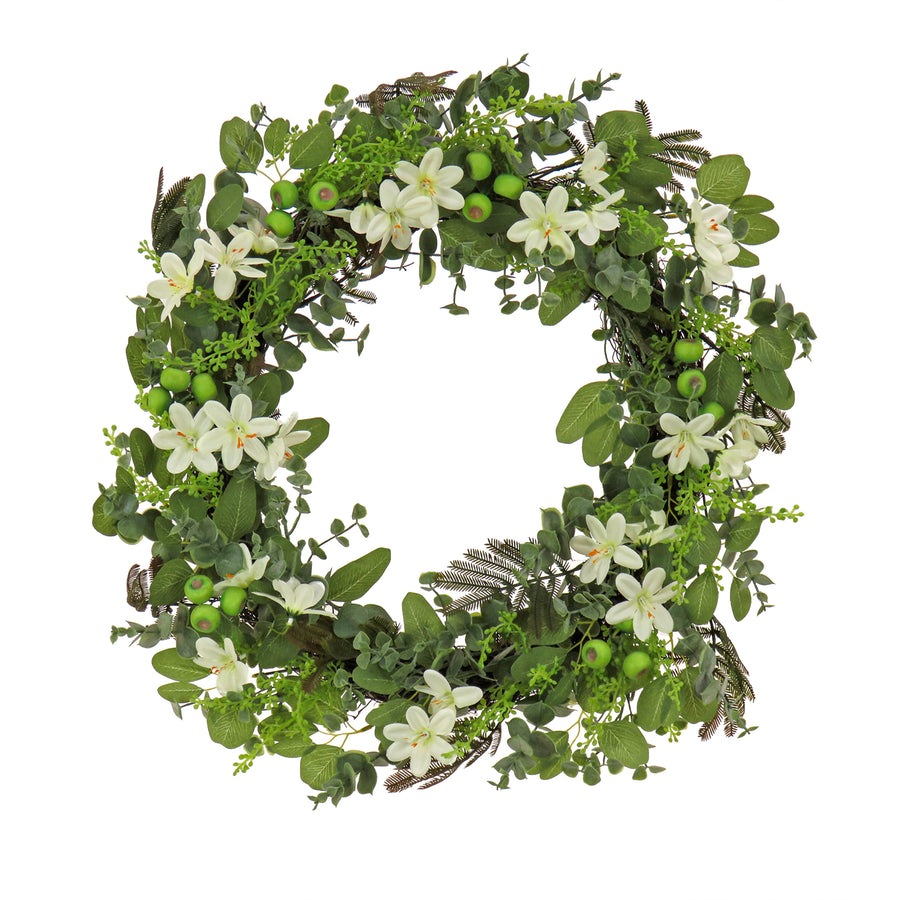 24 in. Spring Wreath with Mixed Flower Blooms and Flowing Green Stems - National Tree Company