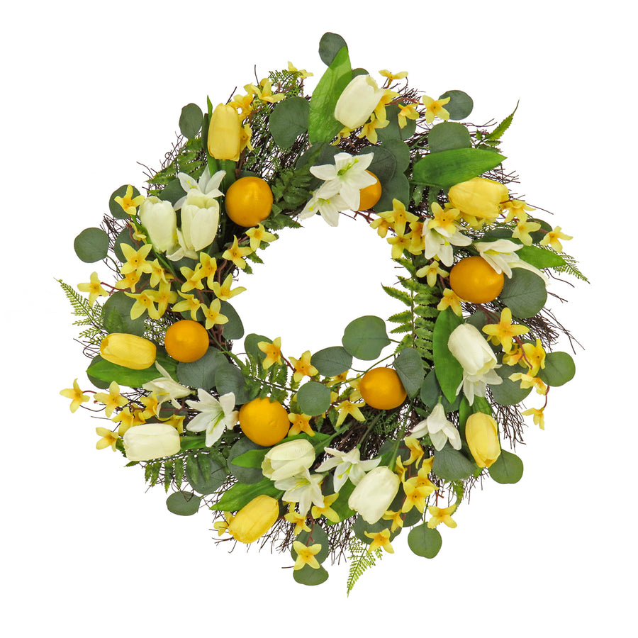 22 in. Spring Wreath with Yellow Tulip Blooms, Lemons, and Forsythia Flower Blossoms - National Tree Company