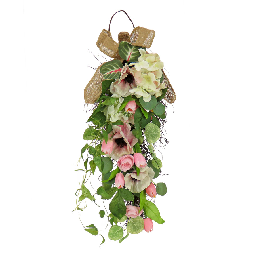 26 in. Spring Teardrop Wall Hanging Decoration with Hydrangea and Tulip Blooms, Eucalyptus Leaves, Flowing Green Stems - National Tree Company
