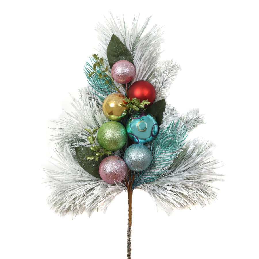29 in. Snowy Pine Decorated Branch Spray with Snow Covered Bristles, Gold Sprouts - National Tree Company