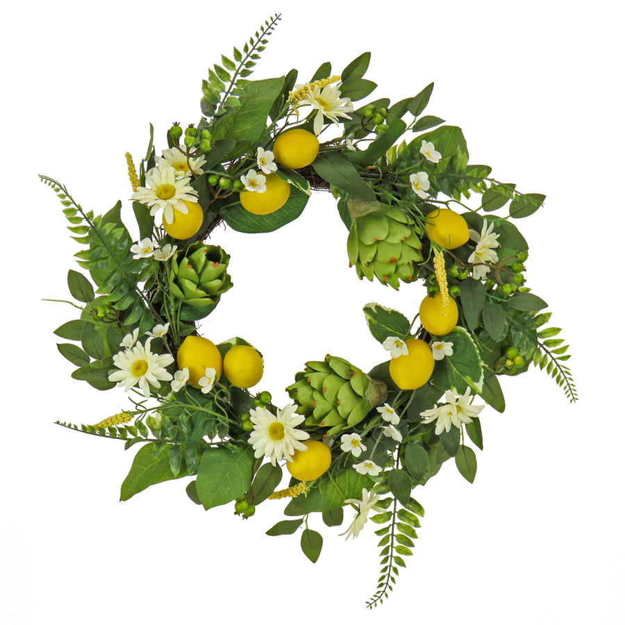22 in. Spring Wreath with Lemons, Artichokes, Daisy Blooms, Leafy Greens - National Tree Company