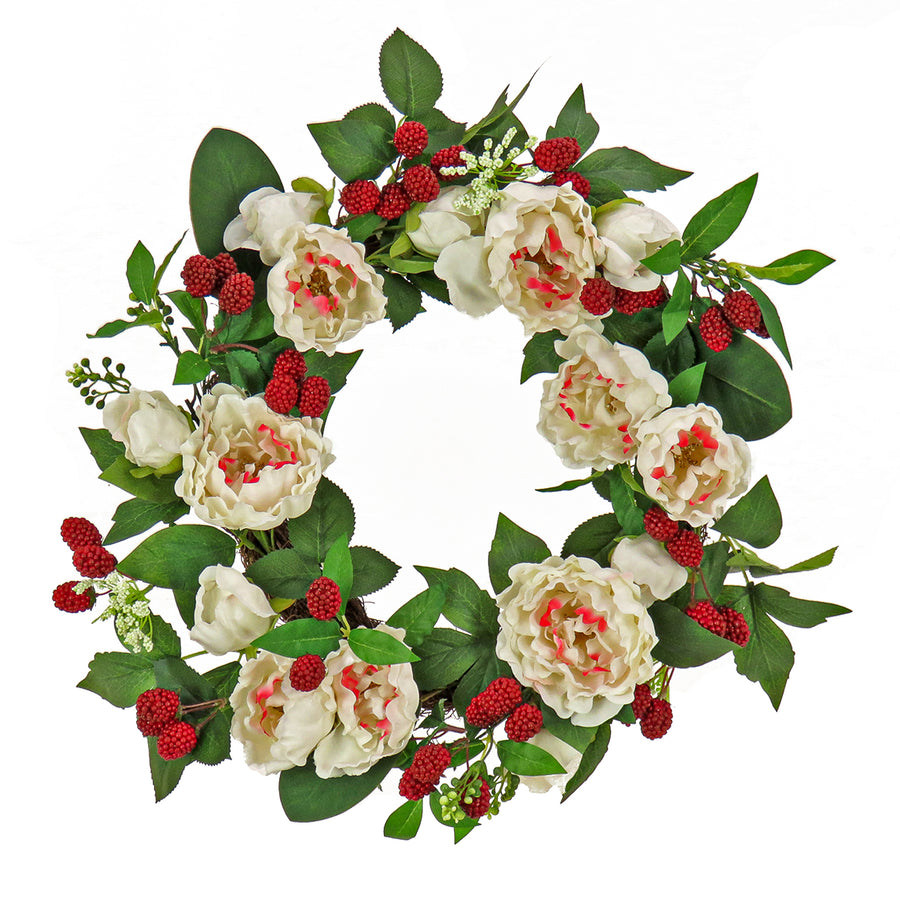 22 in. Spring Wreath with Peony Flowers, Raspberries, and Leafy Greens - National Tree Company