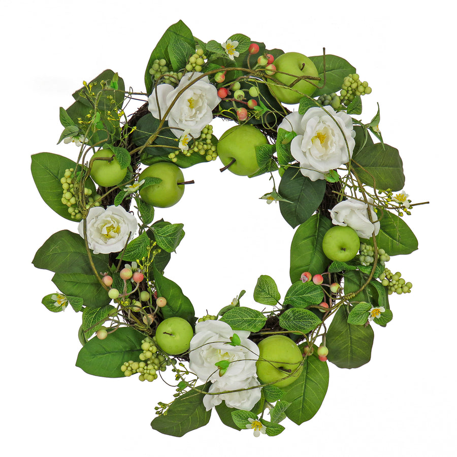 24 in. Spring Wreath with Rose Blooms, Apples, Leafy Greens - National Tree Company