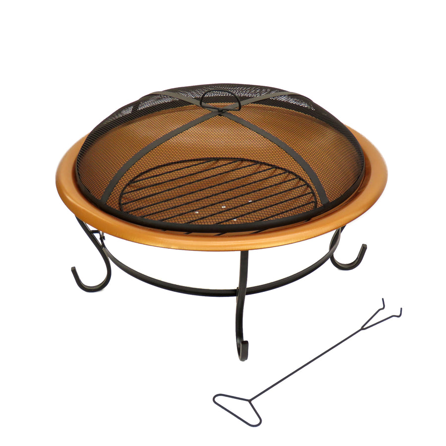 29 in. Copper Finish Steel Outdoor Fire Pit with Black Stand and Screen Cover - National Tree Company