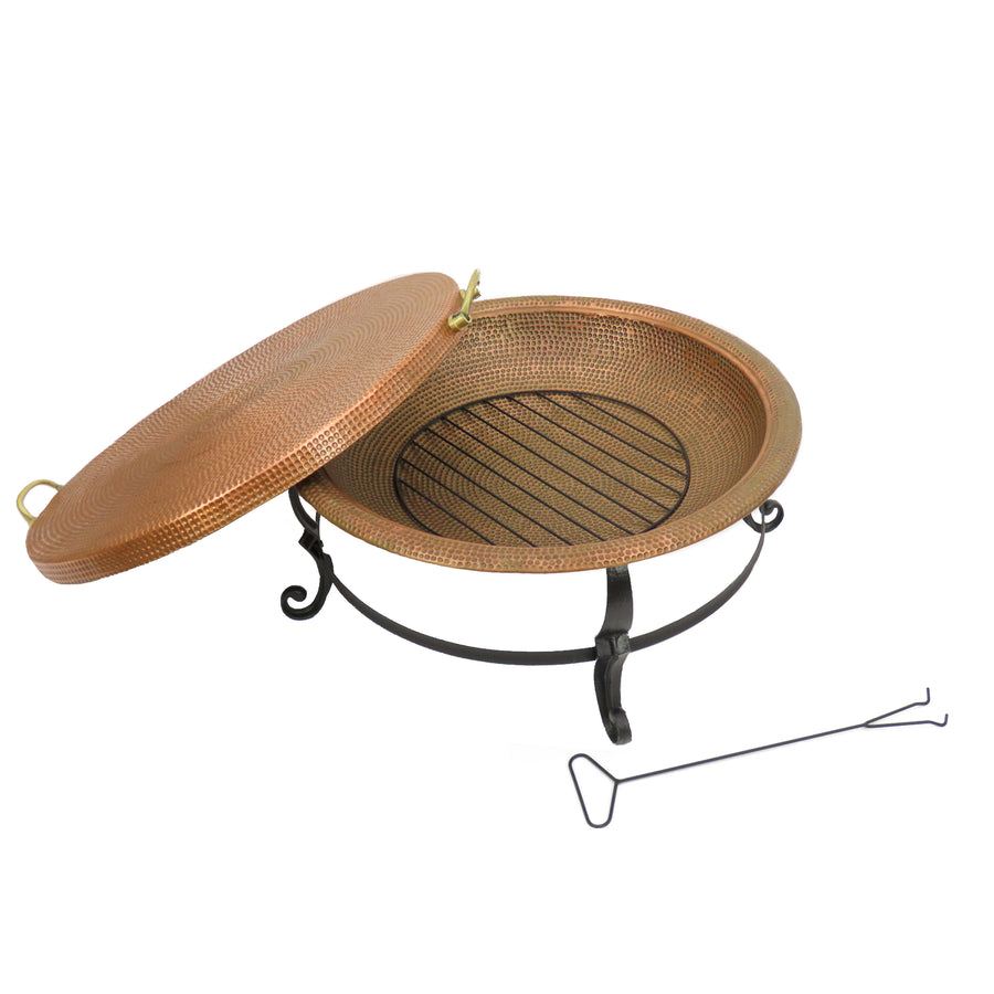 30 in. Copper Finish Hammered Steel Outdoor Fire Pit with Black Stand, Fire Poker and Copper Cover - National Tree Company
