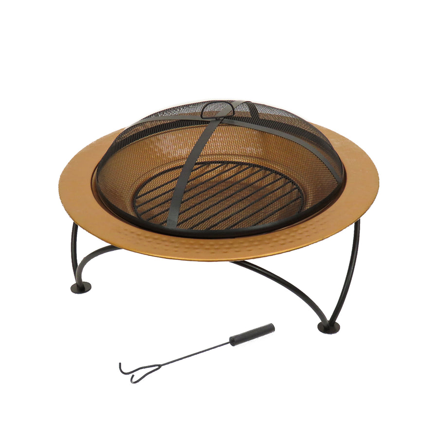 33 in. Copper Finish Hammered Steel Outdoor Fire Pit with Black Stand, Cover, Fire Poker - National Tree Company