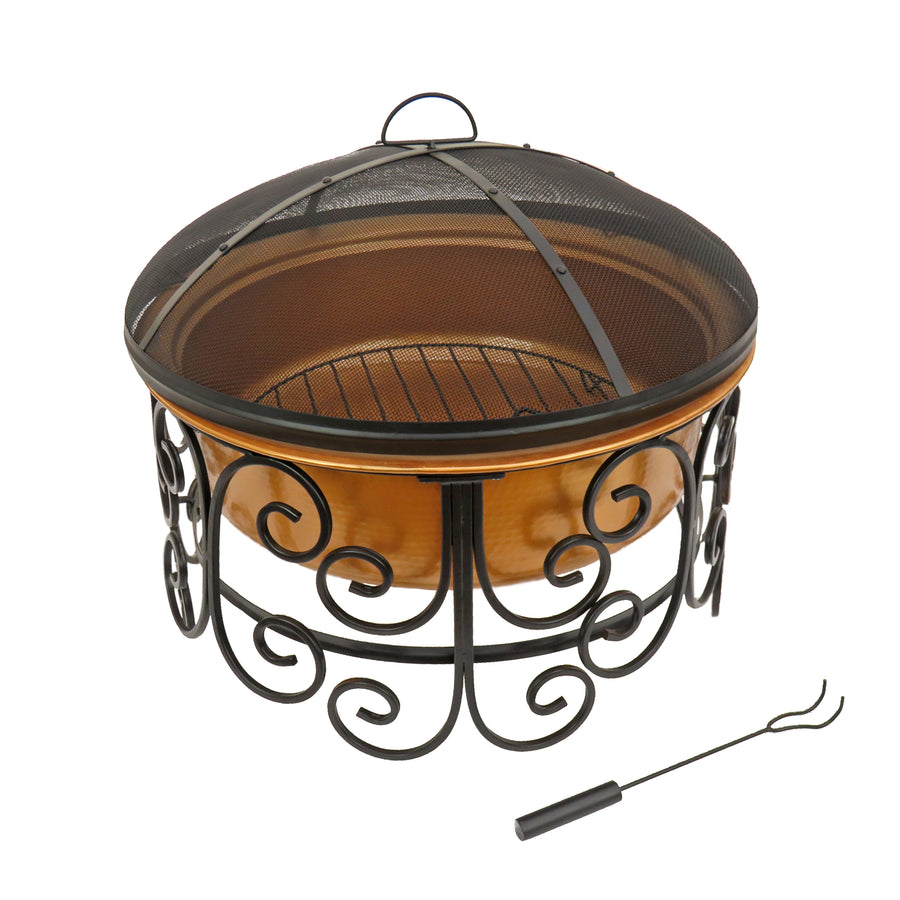 30in. Copper Finish Steel Outdoor Fire Pit with Ornate Black Stand, Screen Cover, Fire Poker - National Tree Company