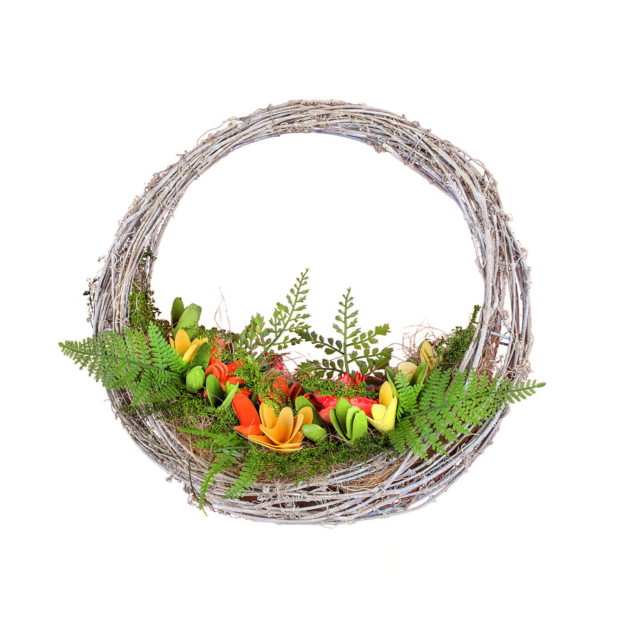 15 in. Spring Multi Floral Hammock Wreath with Multi Floral Colorful Wood Flowers and Mossy Greenery - National Tree Company