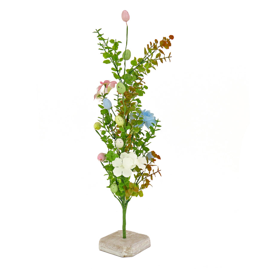 24 in. Easter Decorative Tree Decorated with Pastel Eggs and Flower Blooms, and Wooden Block Base - National Tree Company