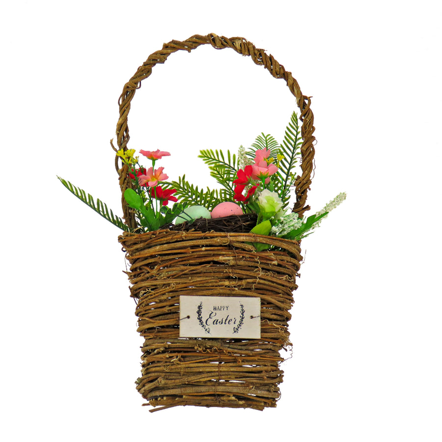15 in. Easter Woven Basket Decorated with Colorful  Flower Blooms and Leafy Greens - National Tree Company