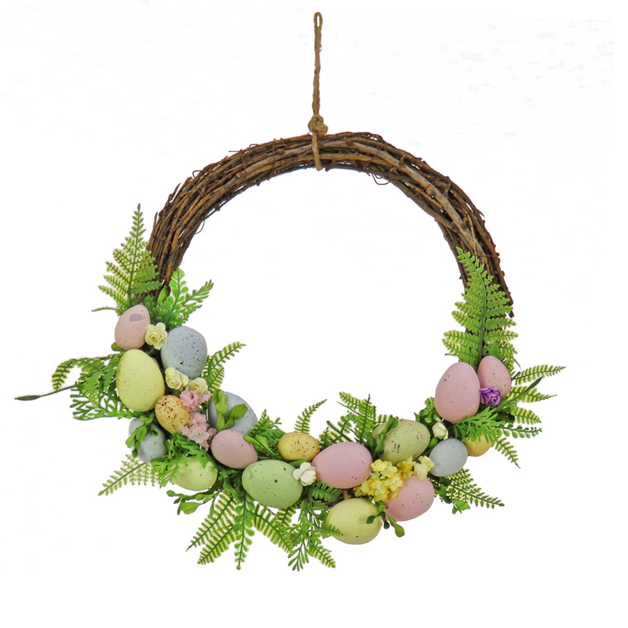16 in. Easter Wreath Decorated with Pastel Eggs, Fern Fronds, Flower Blooms - National Tree Company