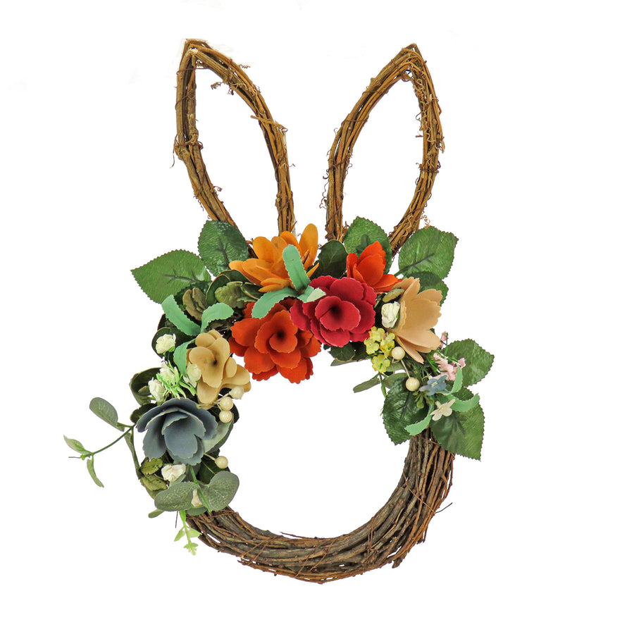 17 in. Easter Bunny Shaped Hanging Wreath Decorated with Colorful Flower Blooms, Berry Clusters, Leafy Greens - National Tree Company