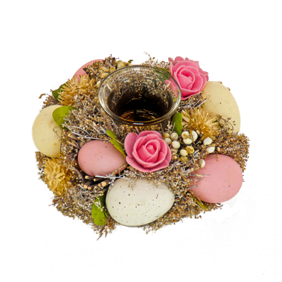 7 in. Easter Candleholder Table Decoration Decorated with Pastel Eggs and Flower Blooms - National Tree Company