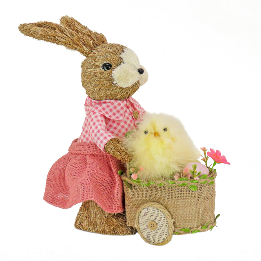 14 in. Pink Easter Bunny Pushing Wheelbarrow Table Decoration Decorated with Pastel Eggs and Chick - National Tree Company