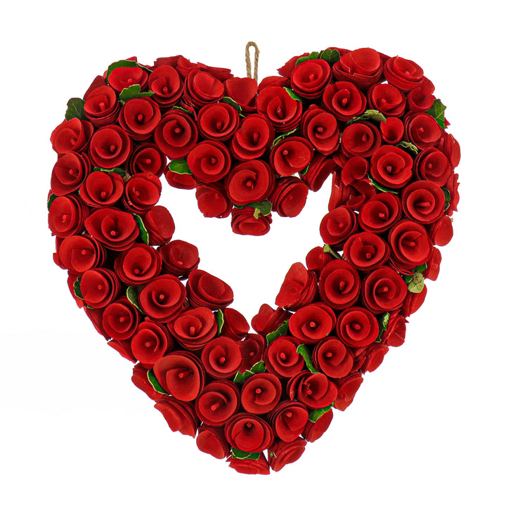 Artificial Valentine's Heart Wreath, Decorated with Red Roses, Valentine's Day Collection, 13 Inches
