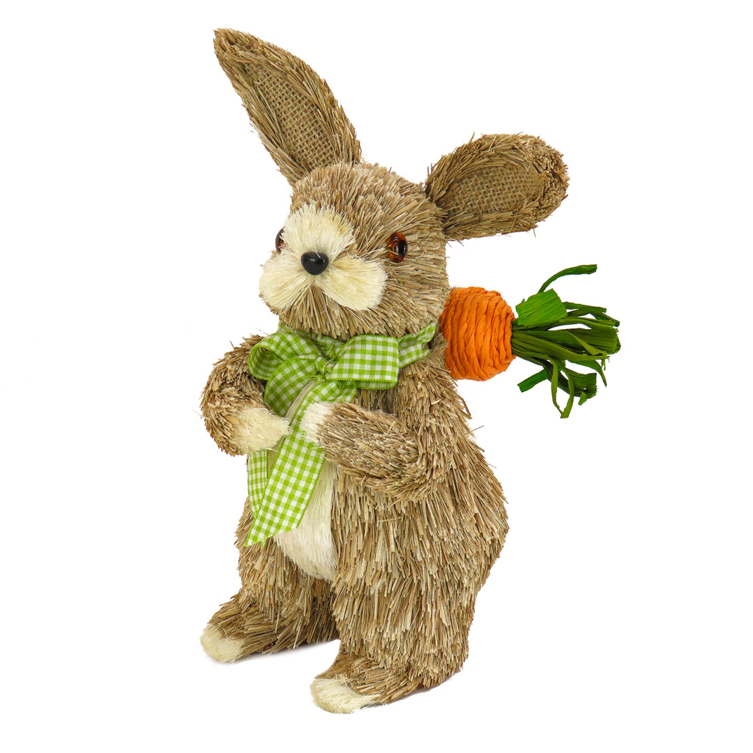 Bunny with Carrot Table Decoration, Natural Wood Fibers on Foam Base, Decorated with Checkered Green Bow, Easter Collection, 10 Inches