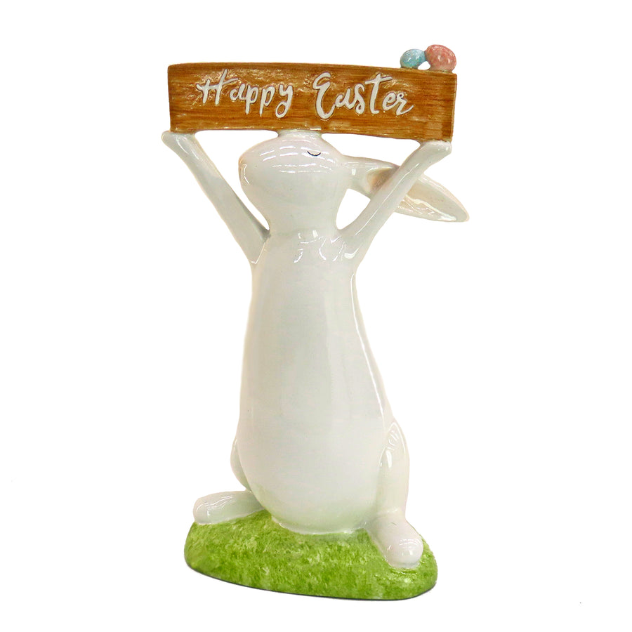11 in. Easter Bunny Figure Holding "Happy Easter" Sign Table Decoration - National Tree Company
