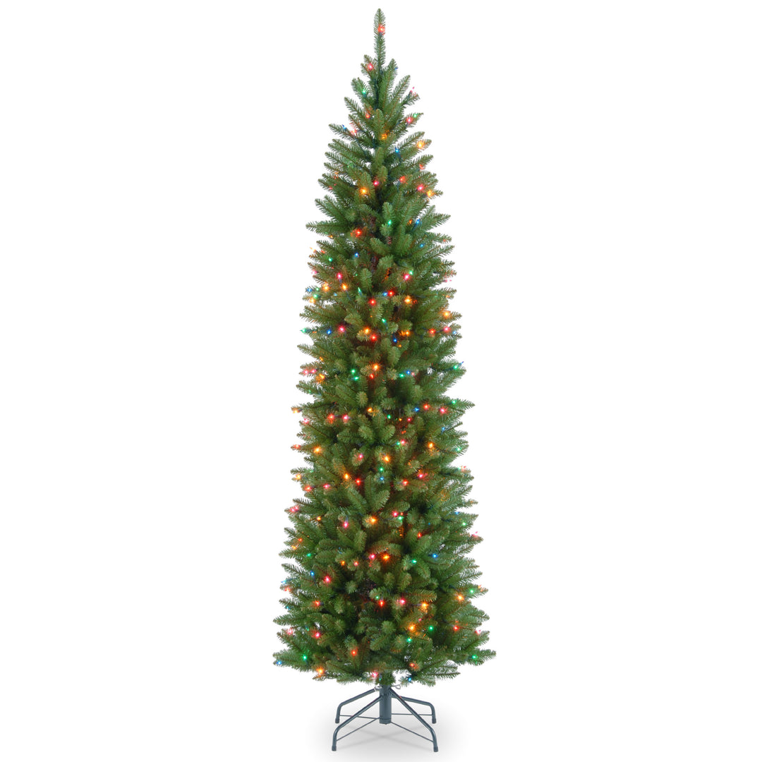 Artificial Pre-Lit Slim Christmas Tree, Green, Kingswood Fir, Multicolor Lights, Includes Stand, 7 Feet