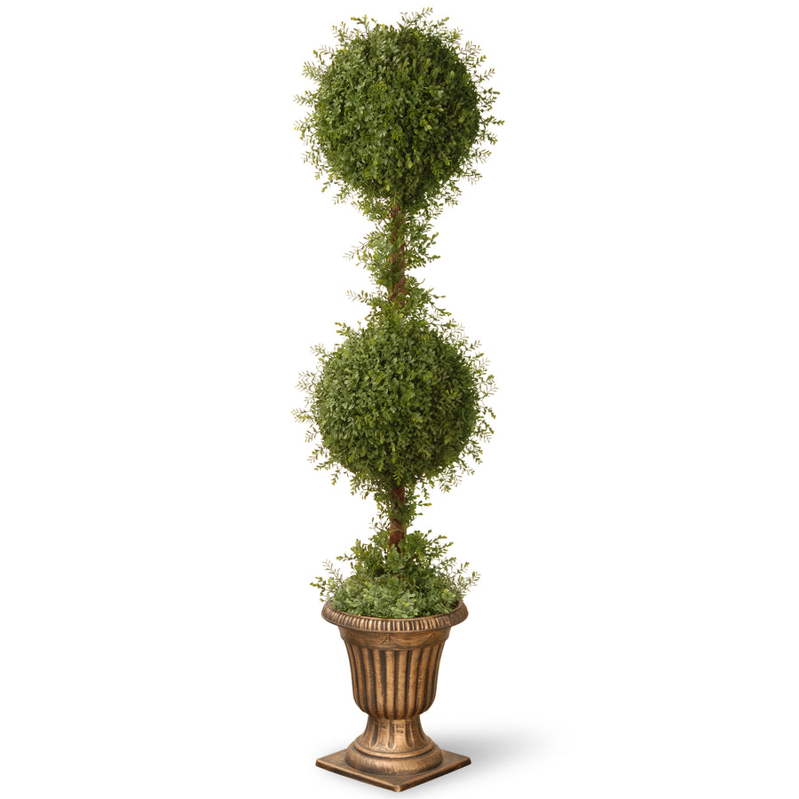 60 in. Mini Tea Leaf 2 Ball Topiary with Black in a Gold Urn - National Tree Company